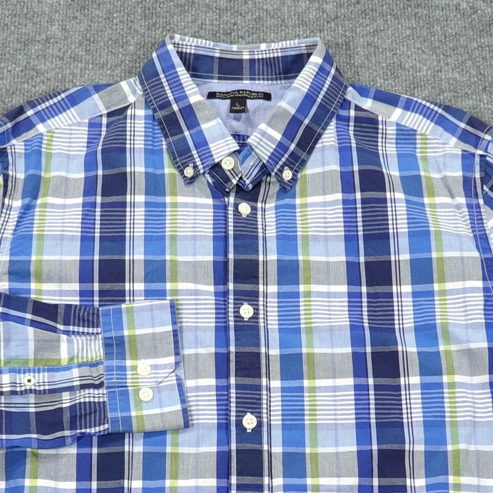 Banana Republic Shirt Mens Large Blue Plaid Long Sleeve Button Up Slim Fit‎